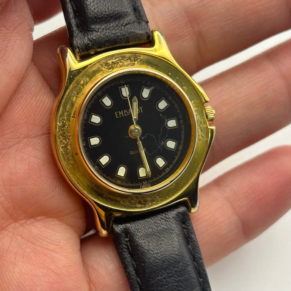 Vintage Gold-tone Embassy Black Dial Women’s Quartz Watch Working image 4